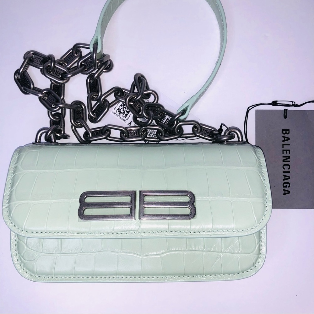 BALENCIAGA CALFSKIN CROCODILE EMBOSSED GOSSIP XS CHAIN BAG